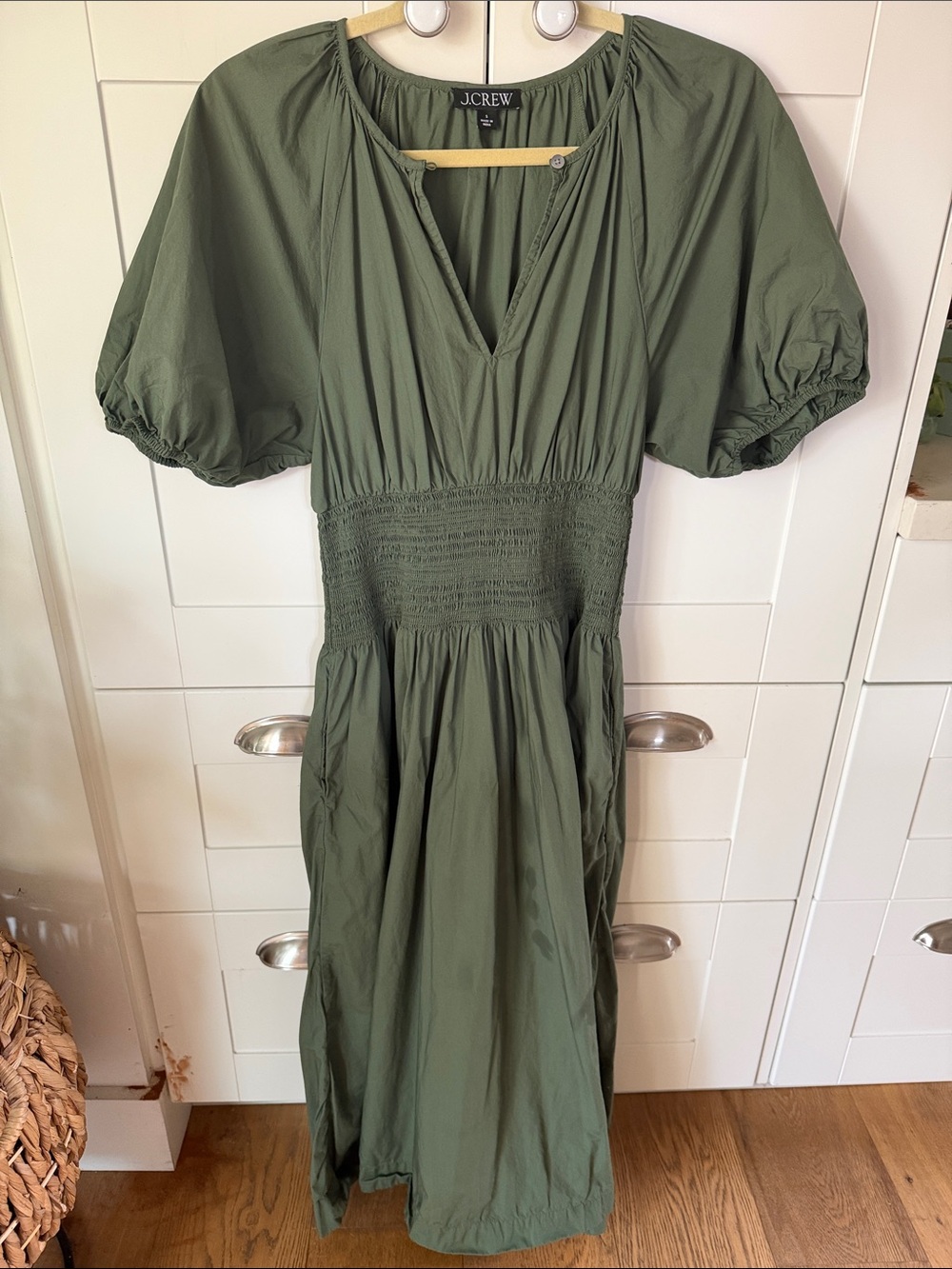 J. Crew Olive Green Smocked-Waist Maxi Dress